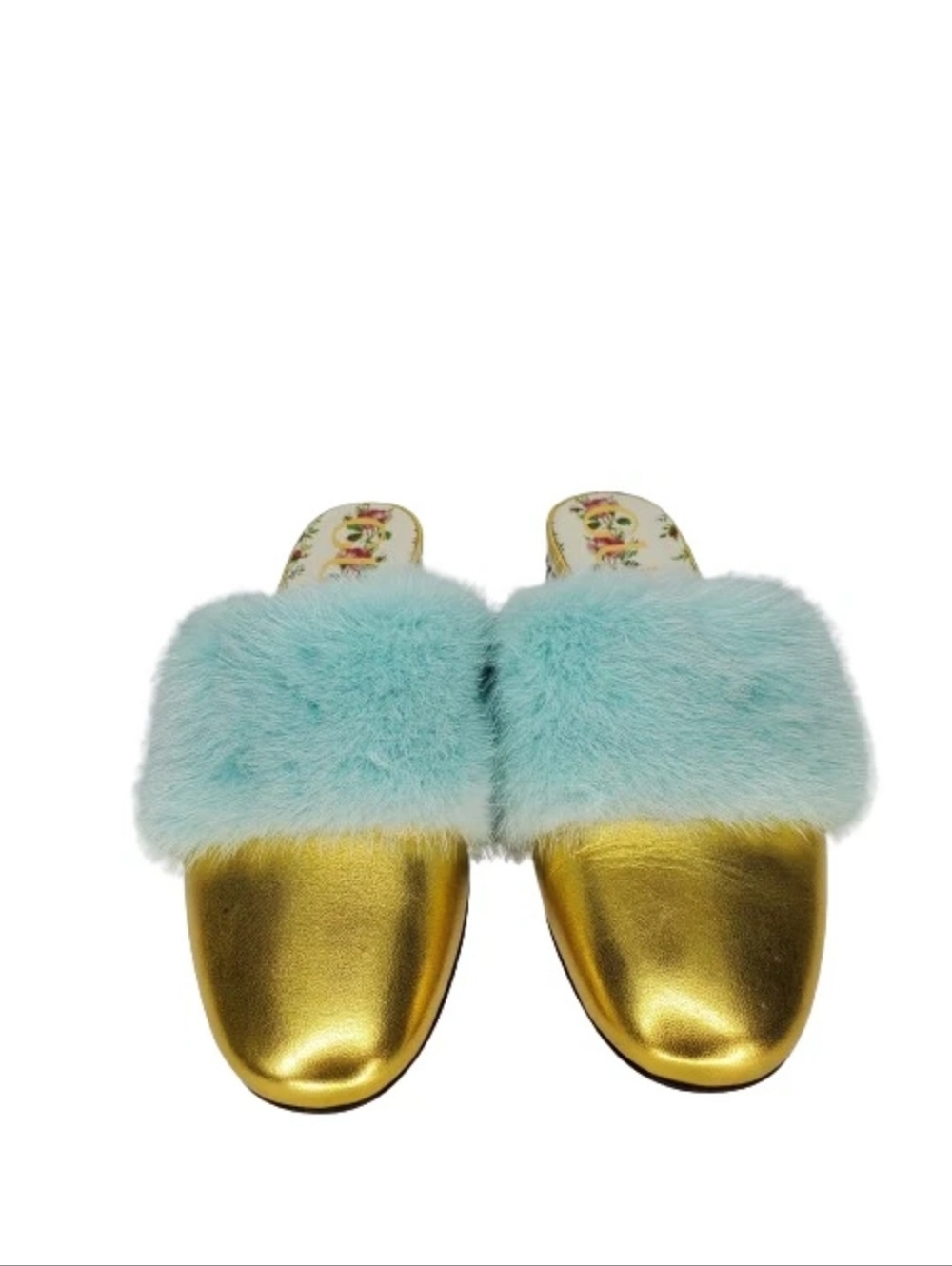 Gucci Gold Metallic Nappa Leather & Aqua Mink Fur Crystal Candy Mules - Picture 2 of 8
